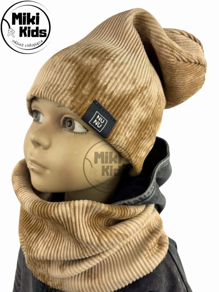 Czapka z kominem TIE DYE prążek / beige NUNU