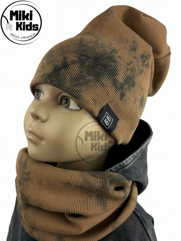 Czapka z kominem TIE DYE prążek / latte NUNU