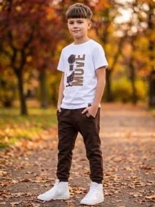 T-shirt bawełniany MOVE / biały-brąz MIMI