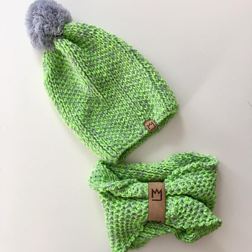 Komplet czapka z kominem i pomponem / limonka melanż MIMI